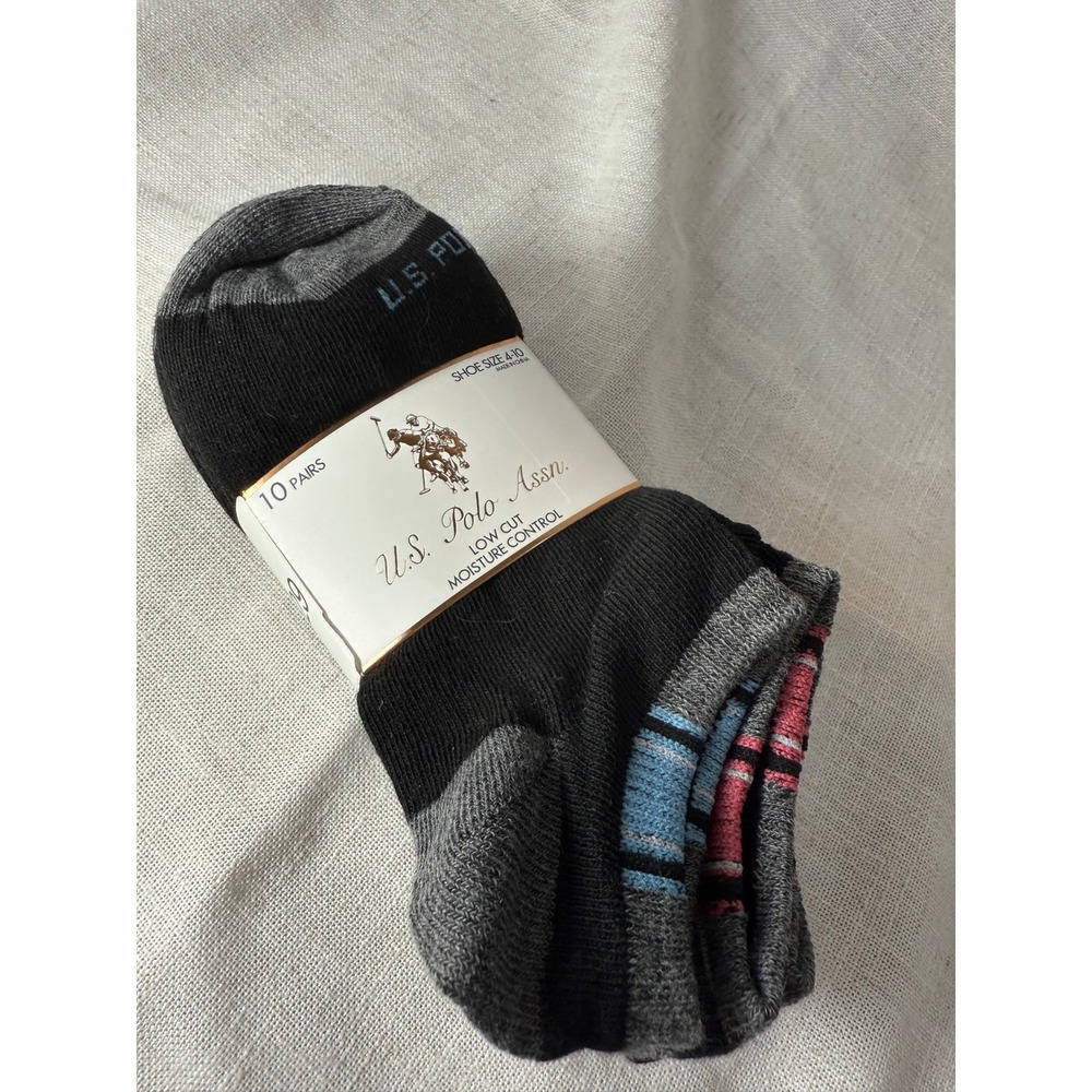 US Polo Assn 10 Pairs Shoe Size 4-10 Black Gray Stripe